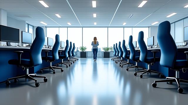 モダンで整頓されたオフィス空間、プロフェッショナルな清掃されたデスクと床